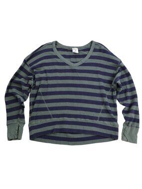 OFFLINE by Aerie Olive Green Blue Striped Waffle Knit Top Size Small
